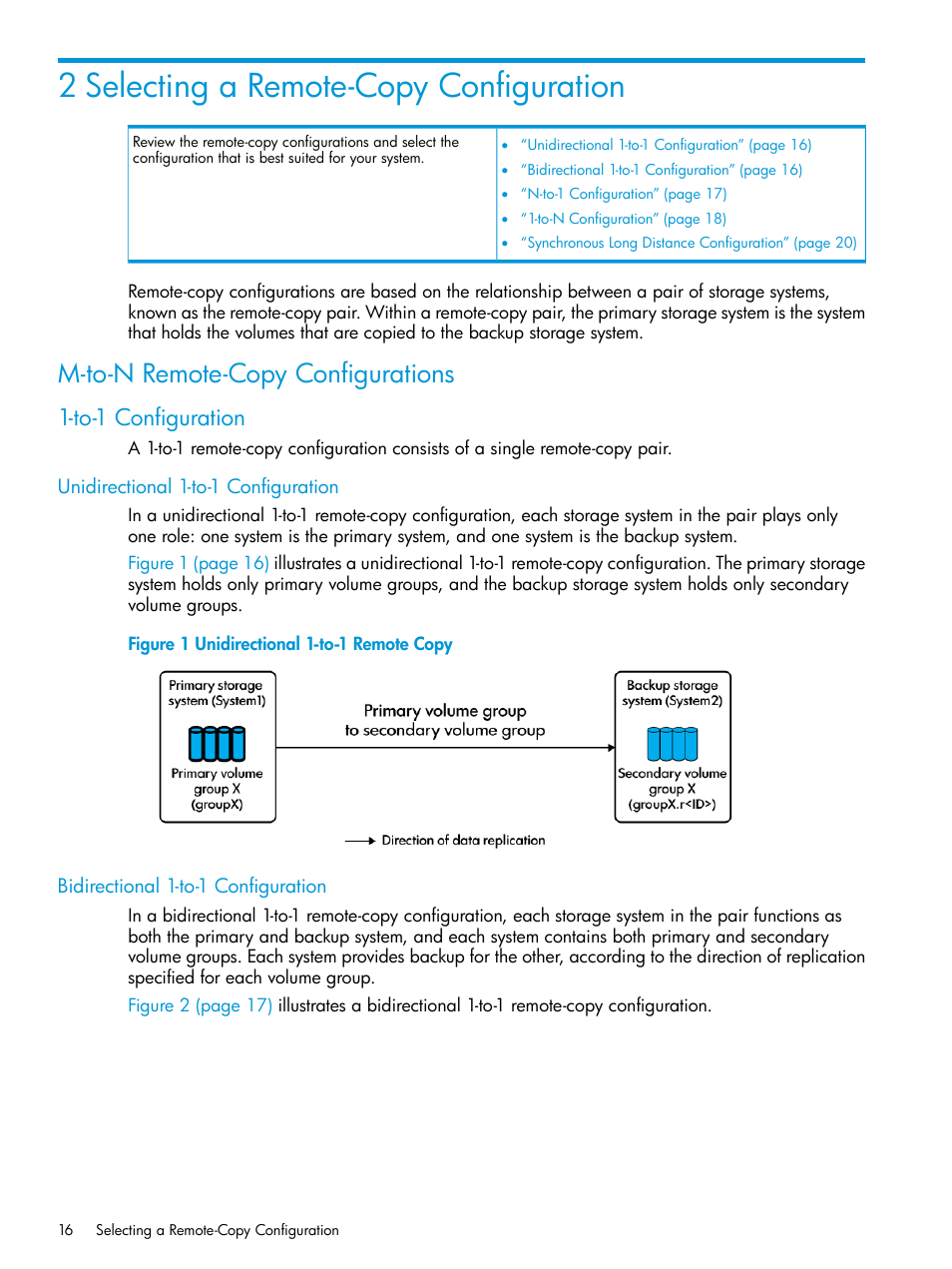 2 selecting a remote-copy configuration, M-to-n remote-copy configurations, To-1 configuration | Unidirectional 1-to-1 configuration, Bidirectional 1-to-1 configuration, Unidirectional 1-to-1 remote copy | HP 3PAR Operating System Software User Manual | Page 16 / 289