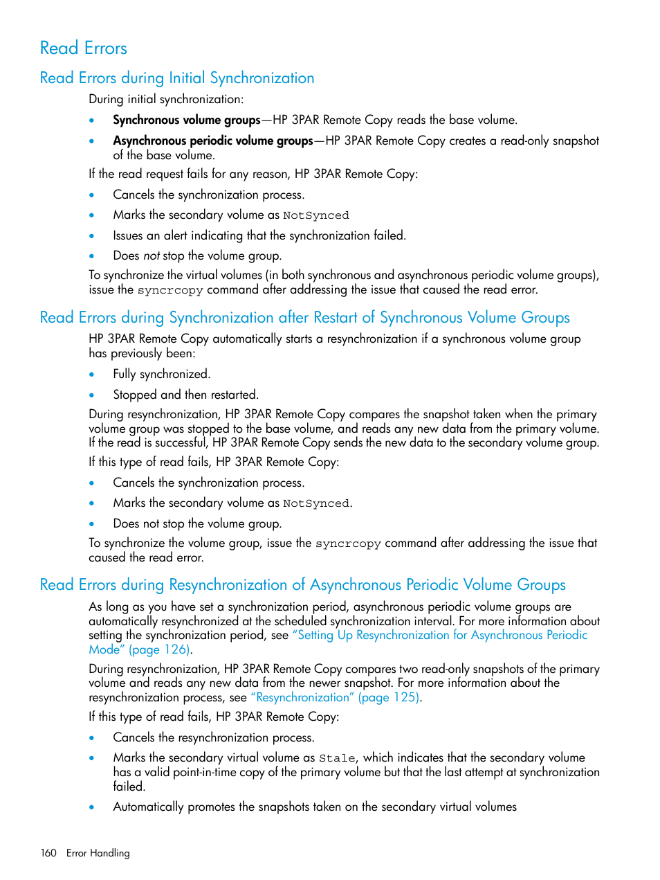 Read errors, Read errors during initial synchronization | HP 3PAR Operating System Software User Manual | Page 160 / 289