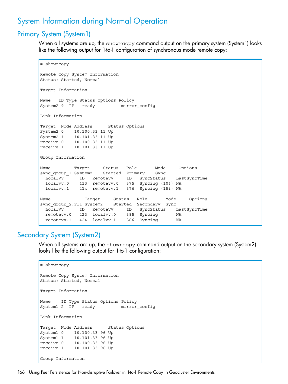 System information during normal operation, Primary system (system1), Secondary system (system2) | HP 3PAR Operating System Software User Manual | Page 166 / 289