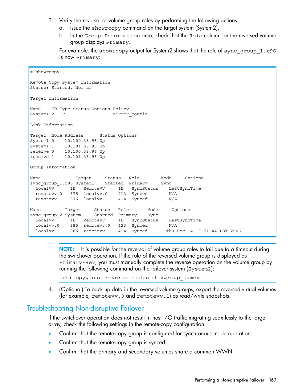 Troubleshooting non-disruptive failover | HP 3PAR Operating System Software User Manual | Page 169 / 289