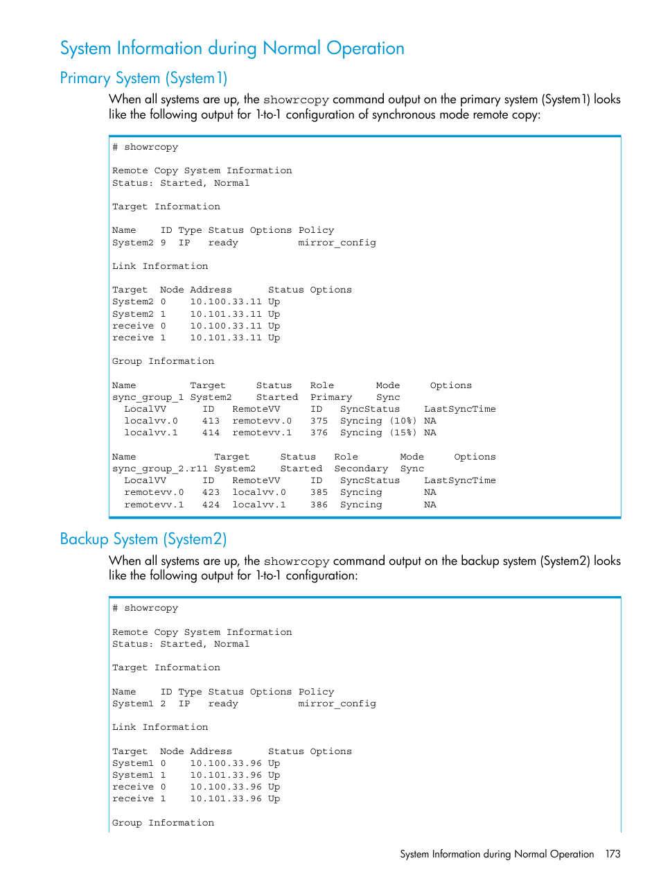 System information during normal operation, Primary system (system1), Backup system (system2) | Primary system (system1) backup system (system2) | HP 3PAR Operating System Software User Manual | Page 173 / 289