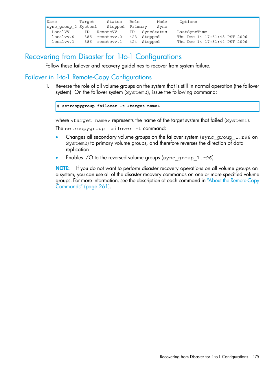 Recovering from disaster for 1-to-1 configurations, Failover in 1-to-1 remote-copy configurations | HP 3PAR Operating System Software User Manual | Page 175 / 289