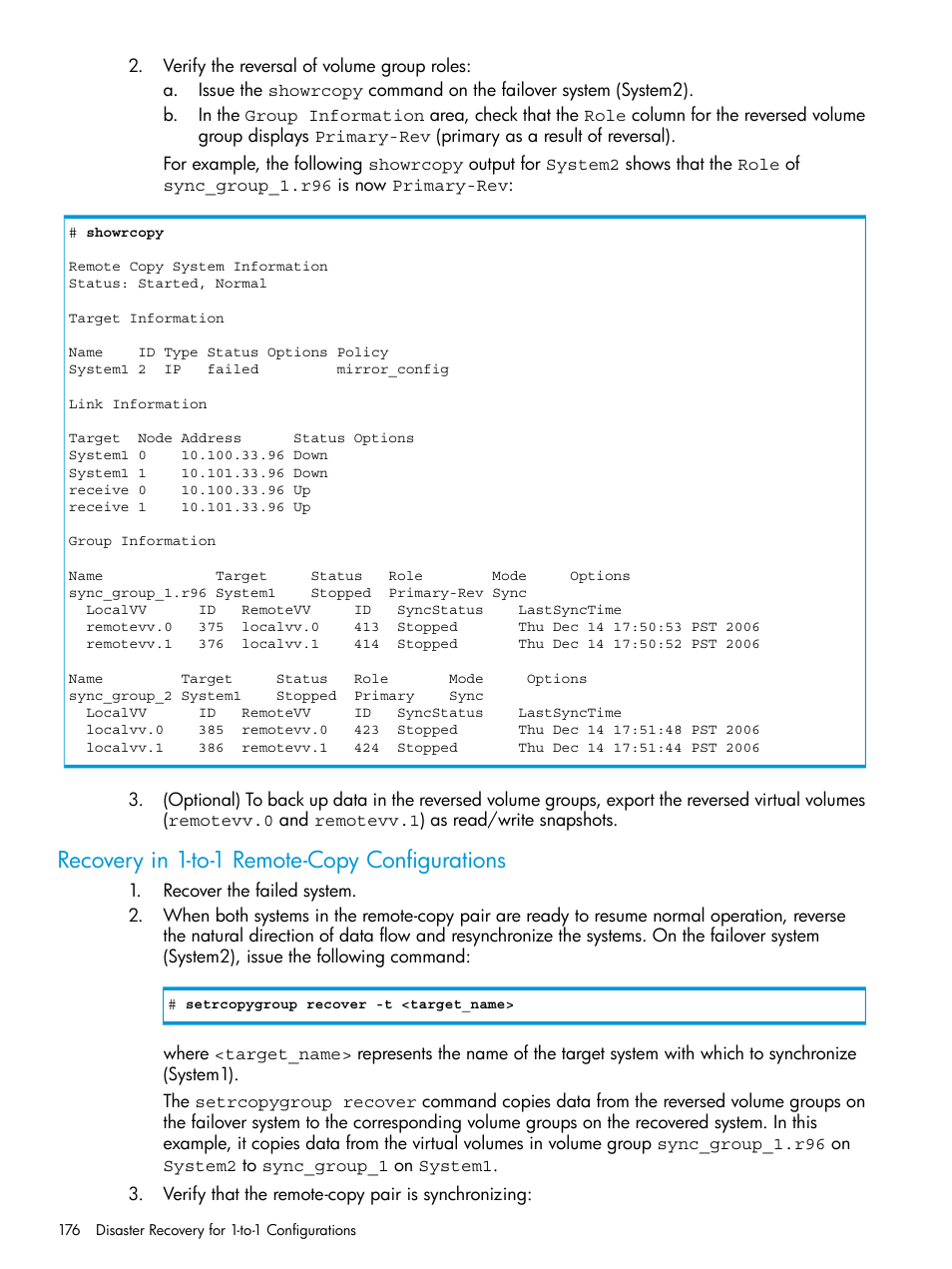 Recovery in 1-to-1 remote-copy configurations | HP 3PAR Operating System Software User Manual | Page 176 / 289