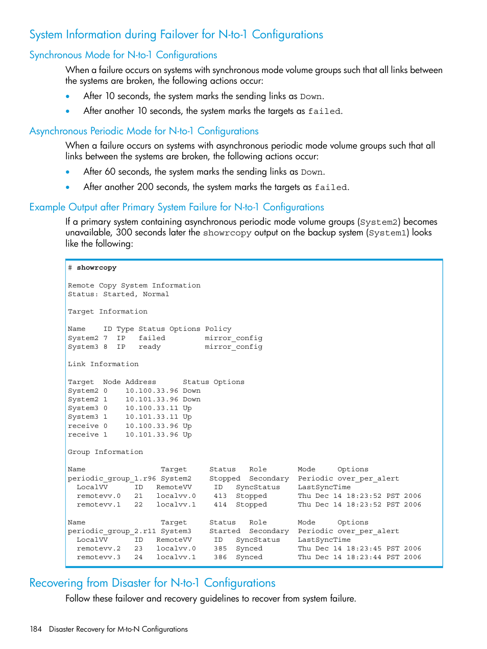 Synchronous mode for n-to-1 configurations, Recovering from disaster for n-to-1 configurations | HP 3PAR Operating System Software User Manual | Page 184 / 289