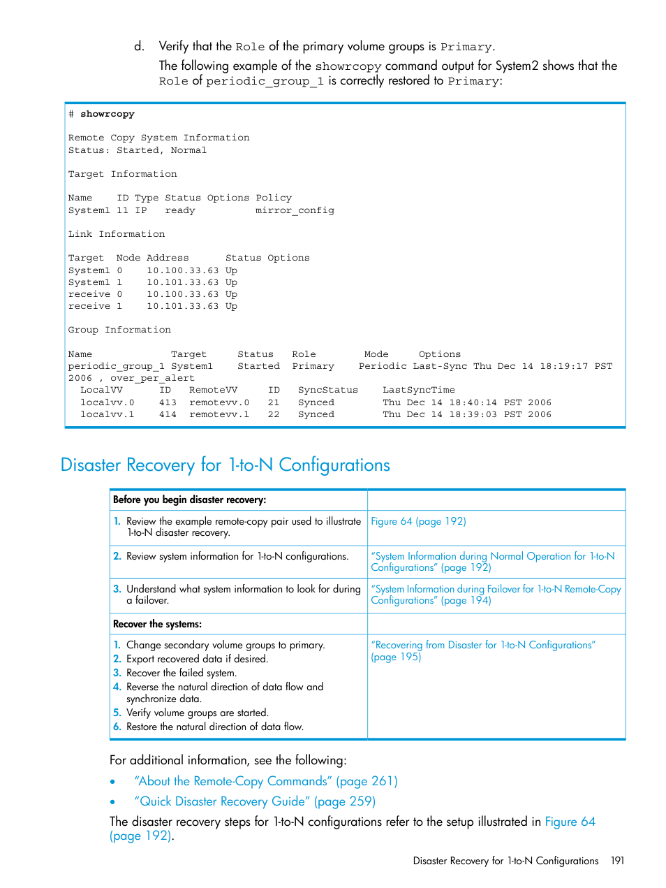 Disaster recovery for 1-to-n configurations | HP 3PAR Operating System Software User Manual | Page 191 / 289