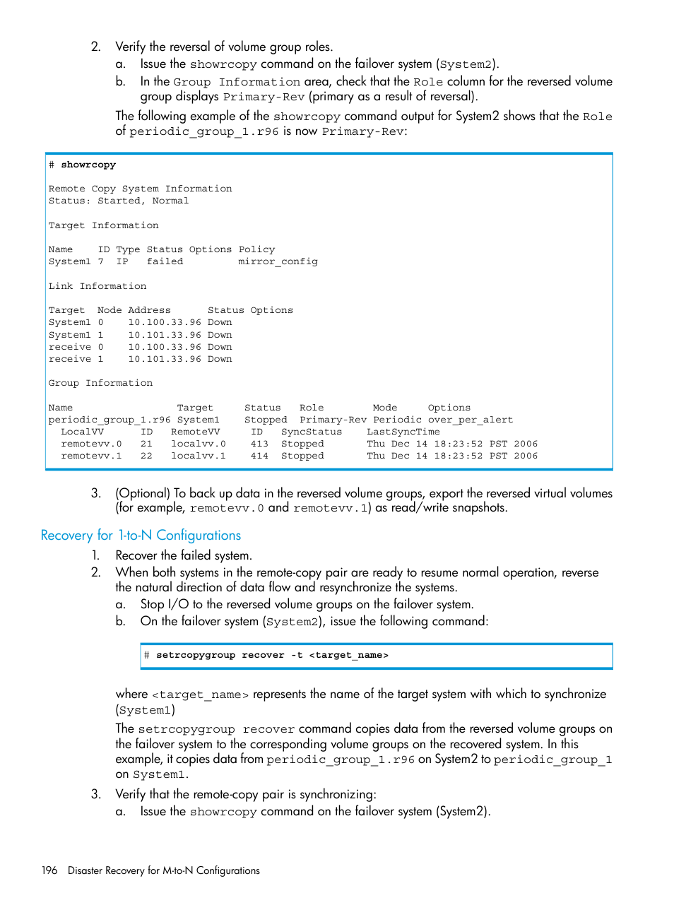 Recovery for 1-to-n configurations | HP 3PAR Operating System Software User Manual | Page 196 / 289