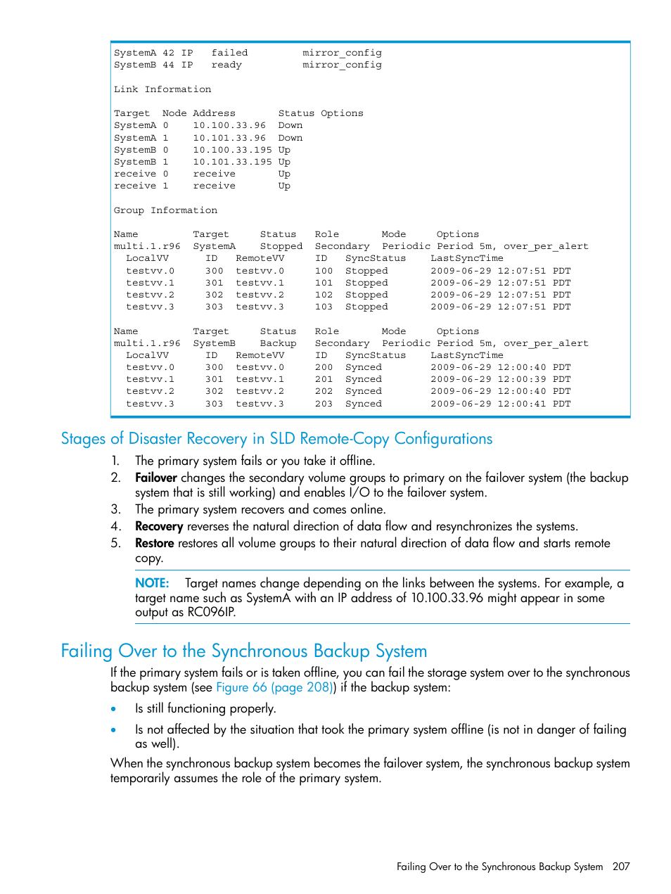 Failing over to the synchronous backup system | HP 3PAR Operating System Software User Manual | Page 207 / 289