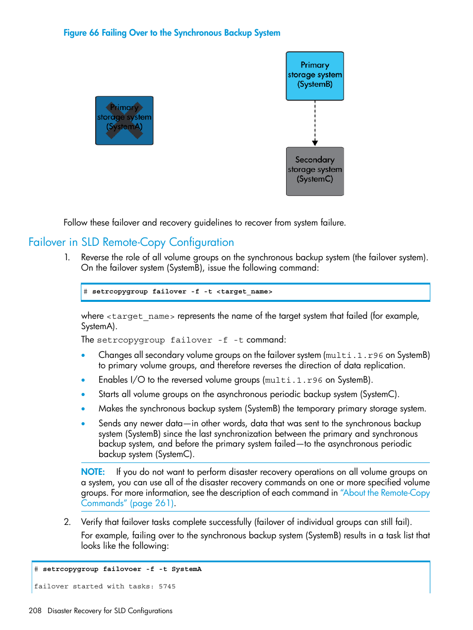 Failover in sld remote-copy configuration, Failing over to the synchronous backup system | HP 3PAR Operating System Software User Manual | Page 208 / 289