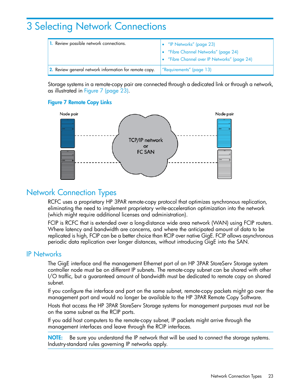 3 selecting network connections, Network connection types, Ip networks | Remote copy links | HP 3PAR Operating System Software User Manual | Page 23 / 289