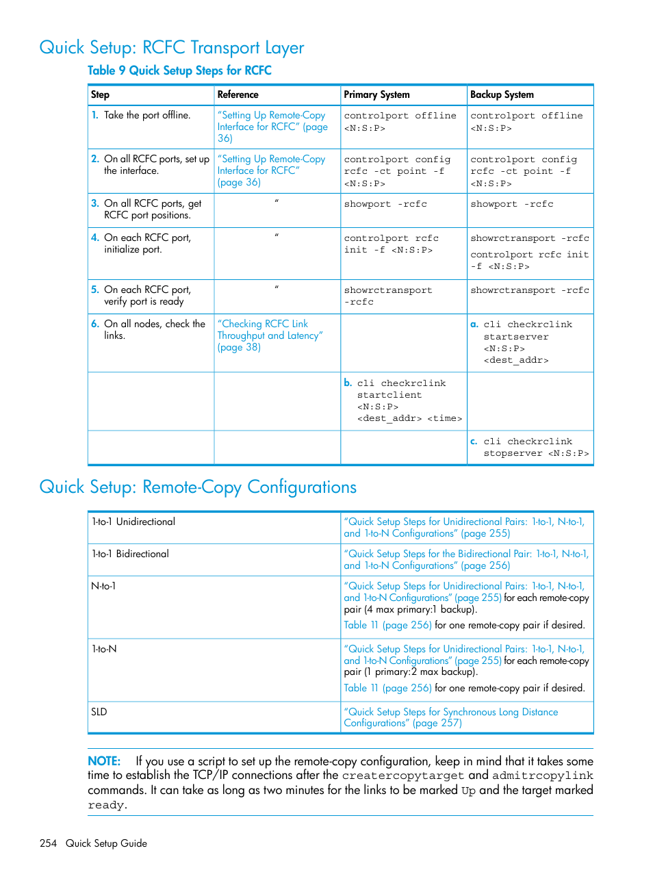 Quick setup: rcfc transport layer, Quick setup: remote-copy configurations, Quick setup steps for rcfc | HP 3PAR Operating System Software User Manual | Page 254 / 289