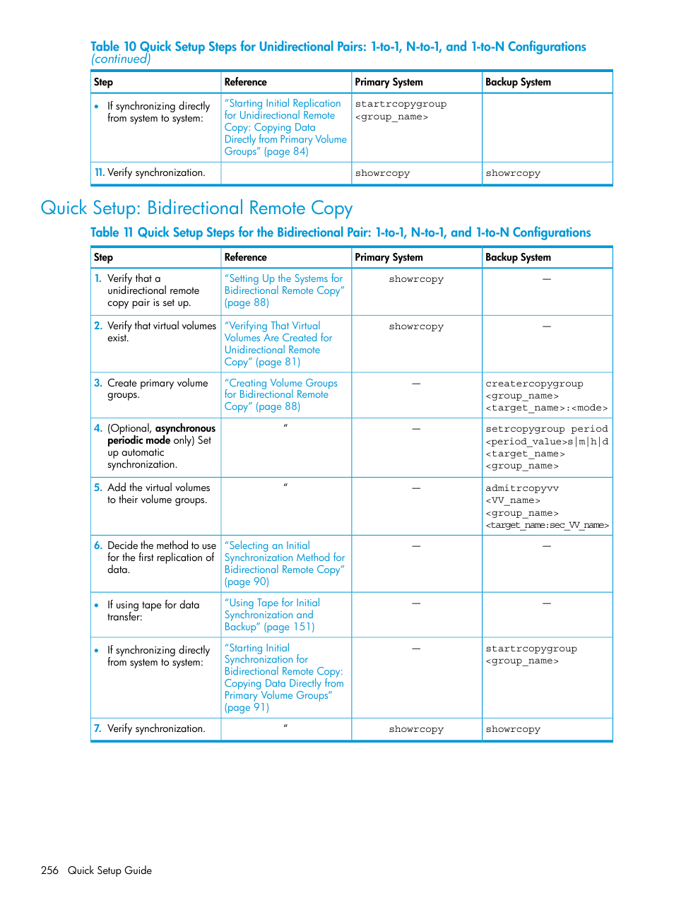 Quick setup: bidirectional remote copy | HP 3PAR Operating System Software User Manual | Page 256 / 289