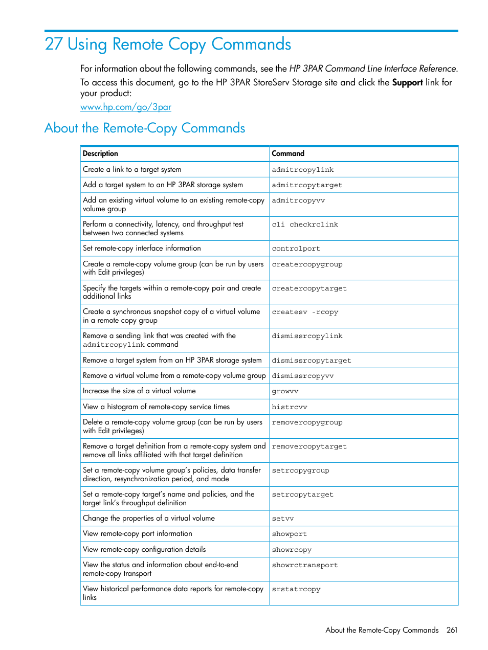 27 using remote copy commands, About the remote-copy commands, About the remote-copy | HP 3PAR Operating System Software User Manual | Page 261 / 289