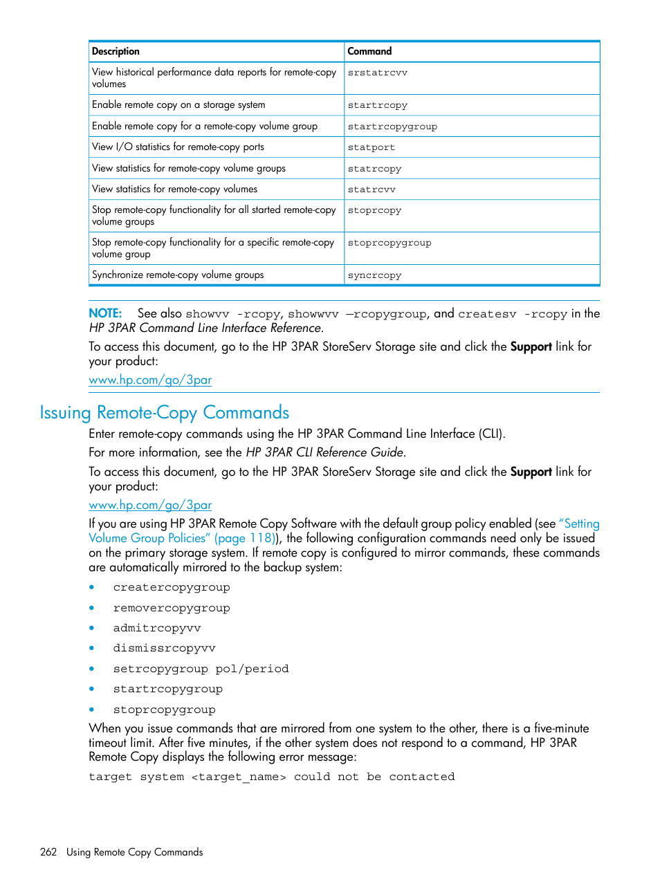 Issuing remote-copy commands | HP 3PAR Operating System Software User Manual | Page 262 / 289