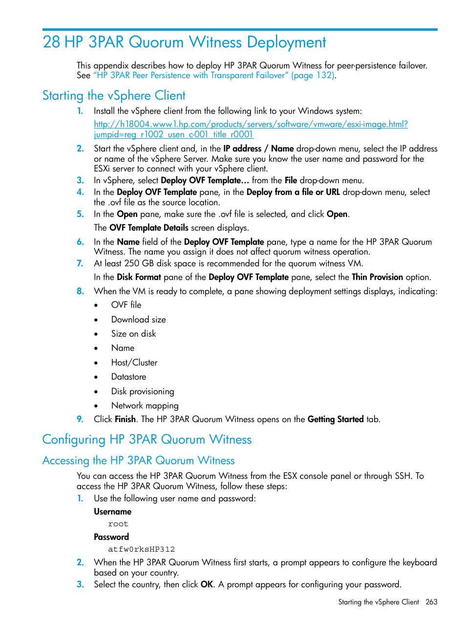 28 hp 3par quorum witness deployment, Starting the vsphere client, Configuring hp 3par quorum witness | Accessing the hp 3par quorum witness, Hp 3par | HP 3PAR Operating System Software User Manual | Page 263 / 289