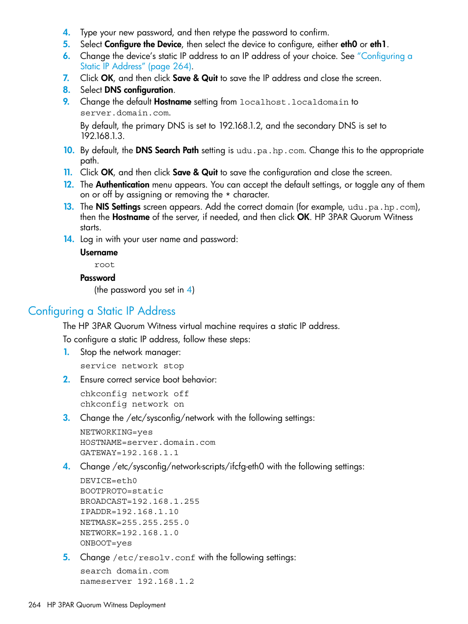 Configuring a static ip address | HP 3PAR Operating System Software User Manual | Page 264 / 289