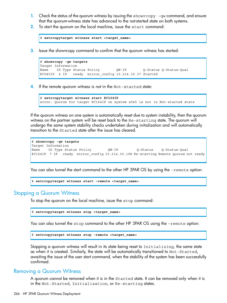 Stopping a quorum witness, Removing a quorum witness | HP 3PAR Operating System Software User Manual | Page 266 / 289