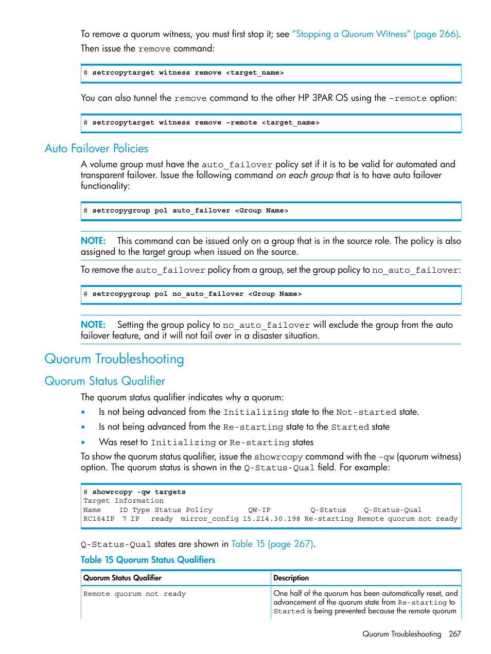 Auto failover policies, Quorum troubleshooting, Quorum status qualifier | Quorum status qualifiers, Auto | HP 3PAR Operating System Software User Manual | Page 267 / 289