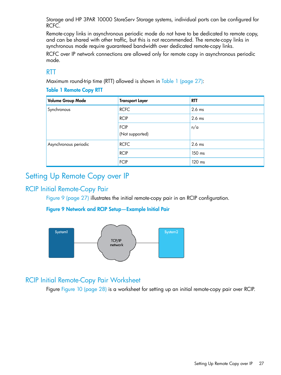 Setting up remote copy over ip, Rcip initial remote-copy pair, Rcip initial remote-copy pair worksheet | Network and rcip setup—example initial pair, Remote copy rtt | HP 3PAR Operating System Software User Manual | Page 27 / 289