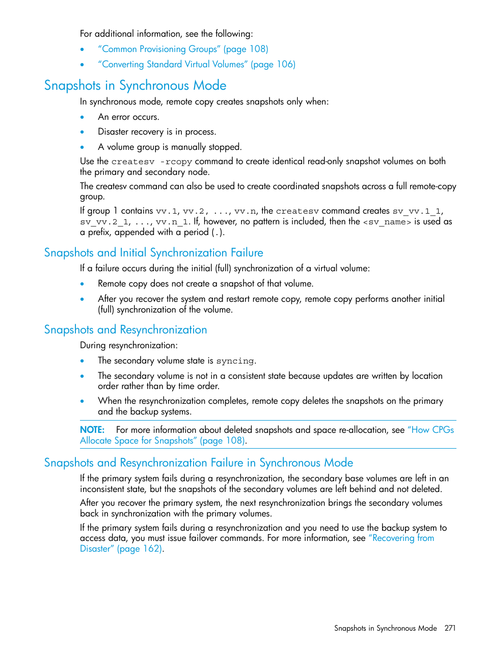 Snapshots in synchronous mode, Snapshots and initial synchronization failure, Snapshots and resynchronization | HP 3PAR Operating System Software User Manual | Page 271 / 289