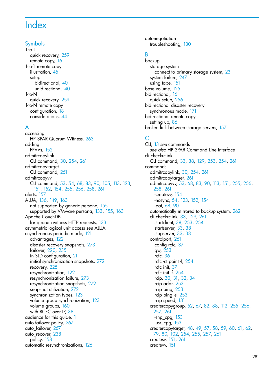 Index | HP 3PAR Operating System Software User Manual | Page 281 / 289