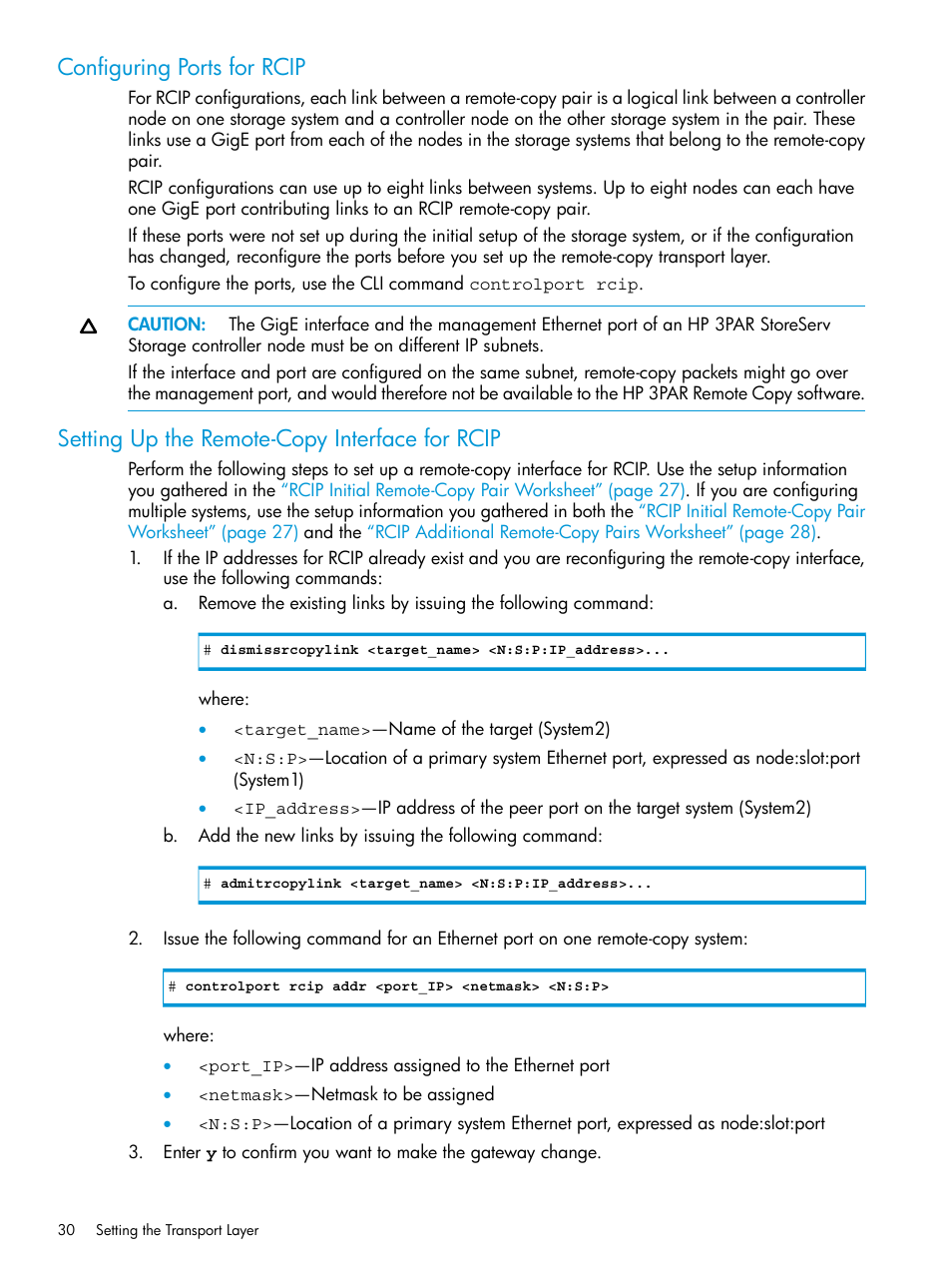 Configuring ports for rcip, Setting up the remote-copy interface for rcip | HP 3PAR Operating System Software User Manual | Page 30 / 289