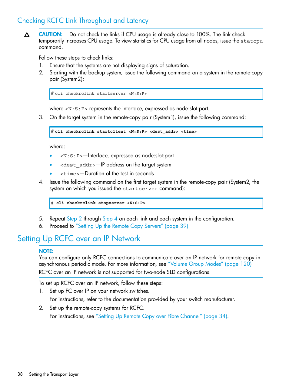 Checking rcfc link throughput and latency, Setting up rcfc over an ip network | HP 3PAR Operating System Software User Manual | Page 38 / 289