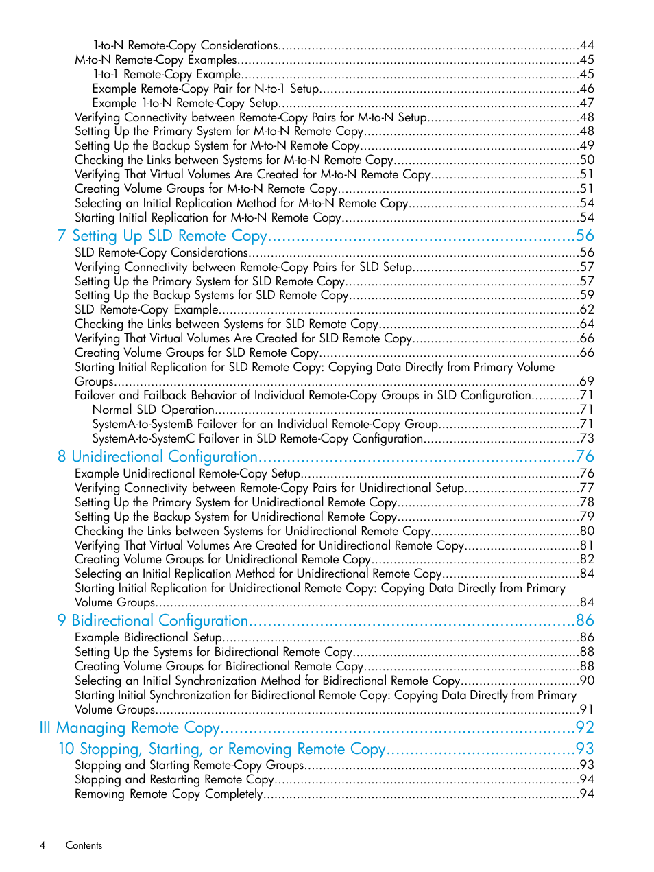 7 setting up sld remote copy, 8 unidirectional configuration, 9 bidirectional configuration | HP 3PAR Operating System Software User Manual | Page 4 / 289