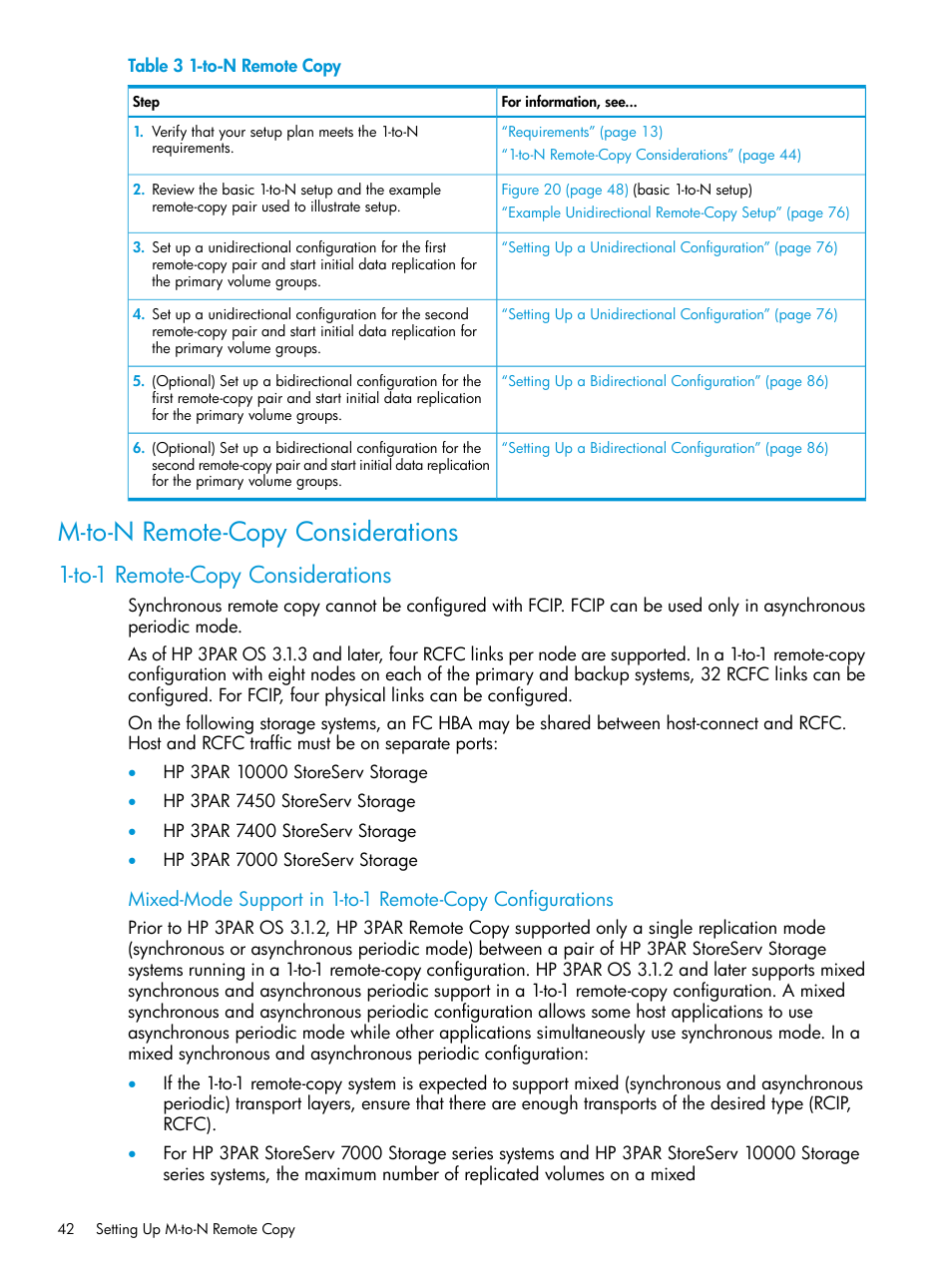 M-to-n remote-copy considerations, To-1 remote-copy considerations, To-n remote copy | HP 3PAR Operating System Software User Manual | Page 42 / 289