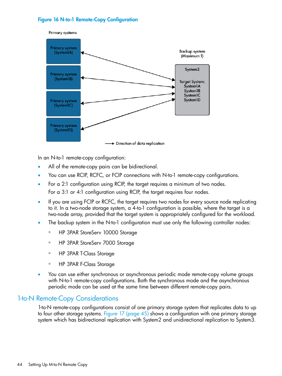 To-n remote-copy considerations, N-to-1 remote-copy configuration | HP 3PAR Operating System Software User Manual | Page 44 / 289