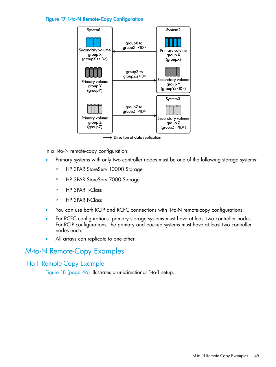 M-to-n remote-copy examples, To-1 remote-copy example, To-n remote-copy configuration | HP 3PAR Operating System Software User Manual | Page 45 / 289