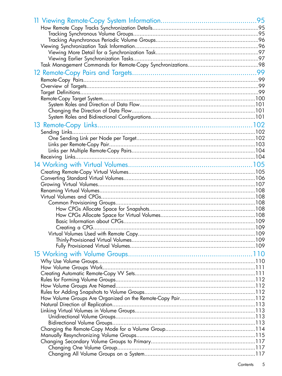 11 viewing remote-copy system information, 12 remote-copy pairs and targets, 13 remote-copy links | 14 working with virtual volumes, 15 working with volume groups | HP 3PAR Operating System Software User Manual | Page 5 / 289