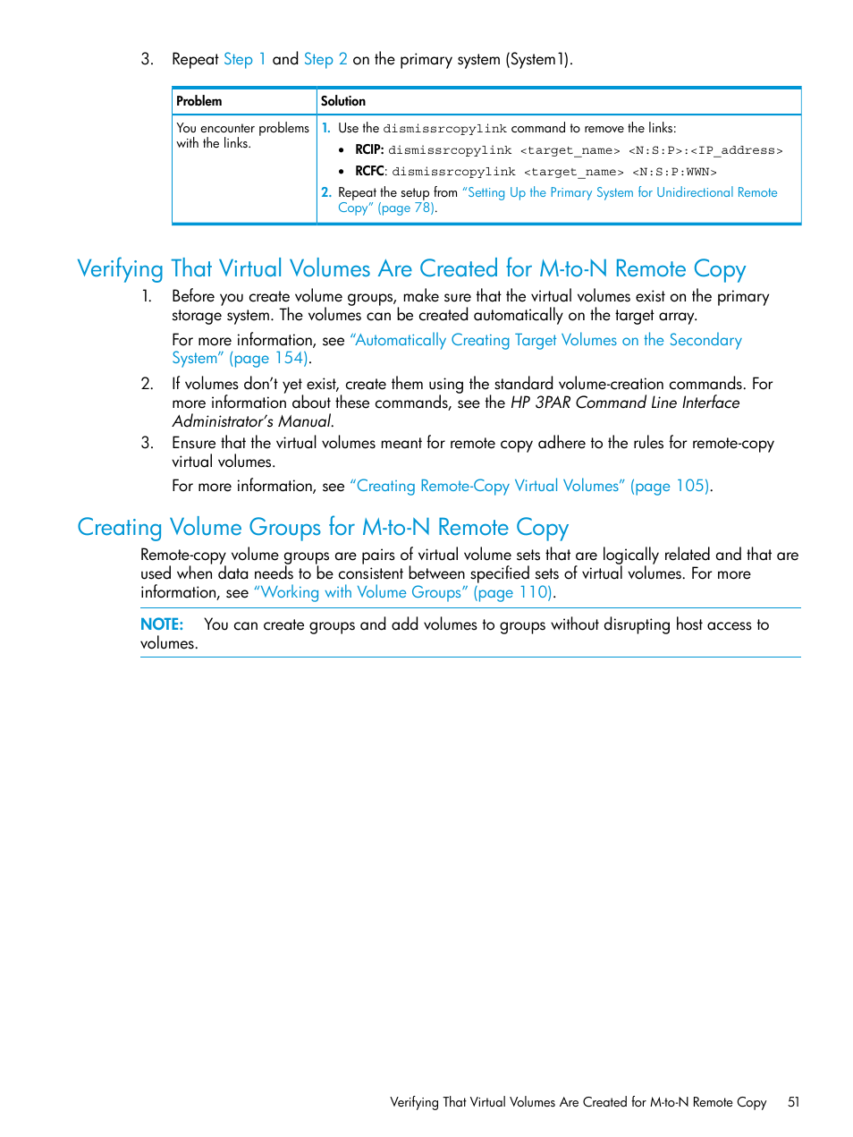 Creating volume groups for m-to-n remote copy | HP 3PAR Operating System Software User Manual | Page 51 / 289