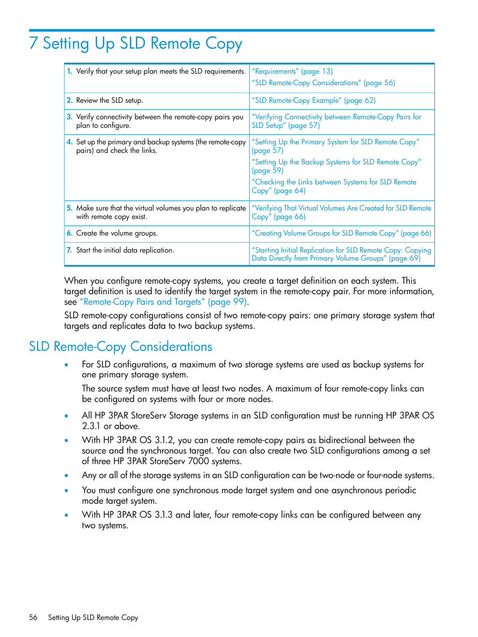 7 setting up sld remote copy, Sld remote-copy considerations, Sld remote-copy | HP 3PAR Operating System Software User Manual | Page 56 / 289