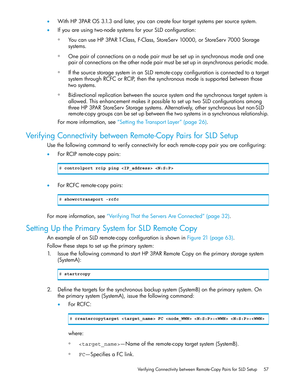 Setting up the primary system for sld remote copy | HP 3PAR Operating System Software User Manual | Page 57 / 289