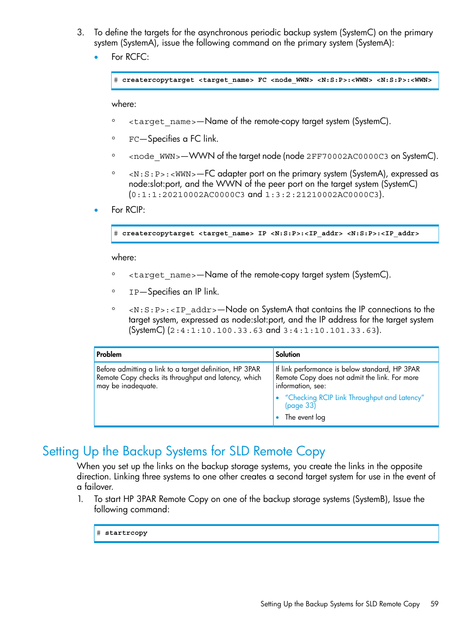 Setting up the backup systems for sld remote copy | HP 3PAR Operating System Software User Manual | Page 59 / 289