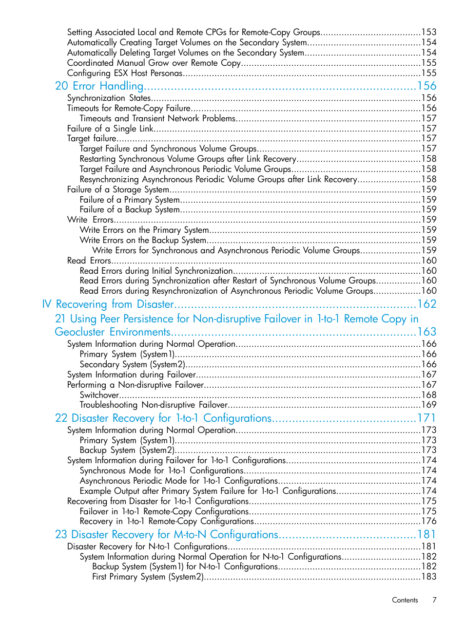 20 error handling, 22 disaster recovery for 1-to-1 configurations, 23 disaster recovery for m-to-n configurations | HP 3PAR Operating System Software User Manual | Page 7 / 289