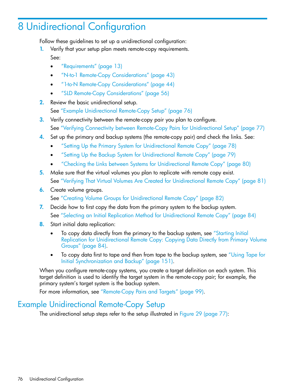 8 unidirectional configuration, Example unidirectional remote-copy setup | HP 3PAR Operating System Software User Manual | Page 76 / 289