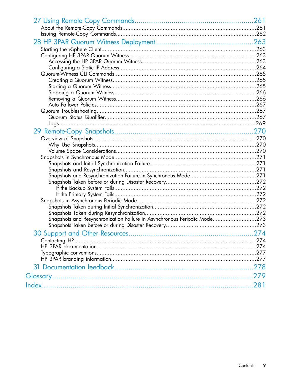 27 using remote copy commands, 28 hp 3par quorum witness deployment, 29 remote-copy snapshots | 30 support and other resources, 31 documentation feedback glossary index | HP 3PAR Operating System Software User Manual | Page 9 / 289