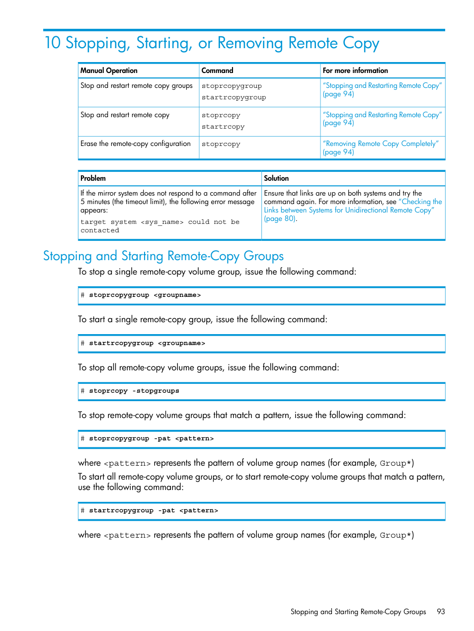 10 stopping, starting, or removing remote copy, Stopping and starting remote-copy groups | HP 3PAR Operating System Software User Manual | Page 93 / 289