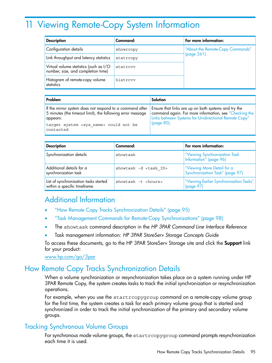 11 viewing remote-copy system information, How remote copy tracks synchronization details, Tracking synchronous volume groups | Additional information | HP 3PAR Operating System Software User Manual | Page 95 / 289