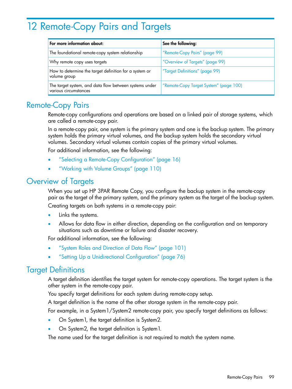 12 remote-copy pairs and targets, Remote-copy pairs, Overview of targets | Target definitions | HP 3PAR Operating System Software User Manual | Page 99 / 289