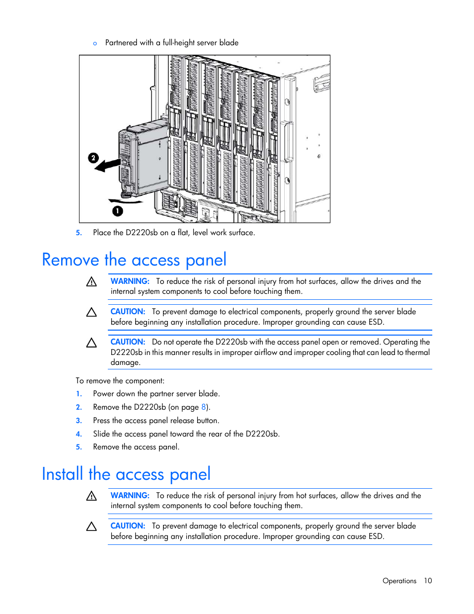 Remove the access panel, Install the access panel | HP D2220sb-Storage-Blade User Manual | Page 10 / 51