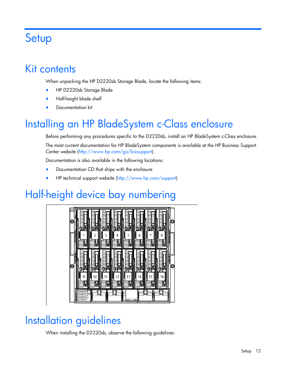 Setup, Kit contents, Installing an hp bladesystem c-class enclosure | Half-height device bay numbering, Installation guidelines | HP D2220sb-Storage-Blade User Manual | Page 12 / 51