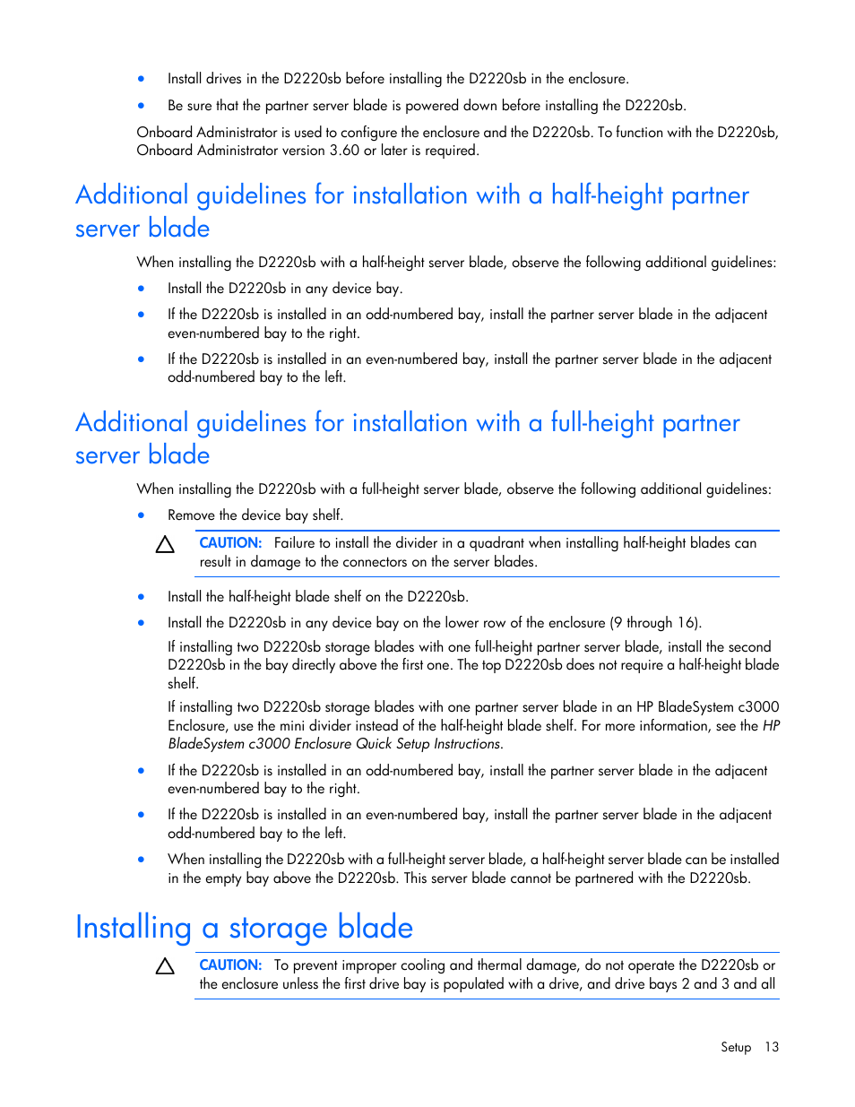 Installing a storage blade | HP D2220sb-Storage-Blade User Manual | Page 13 / 51