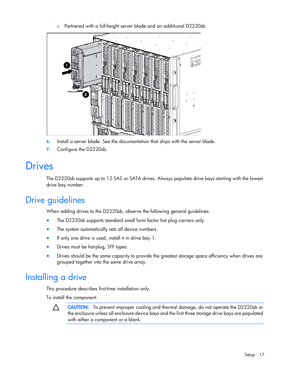 Drives, Drive guidelines, Installing a drive | HP D2220sb-Storage-Blade User Manual | Page 17 / 51