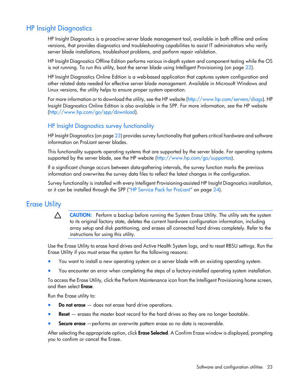 Hp insight diagnostics, Hp insight diagnostics survey functionality, Erase utility | HP D2220sb-Storage-Blade User Manual | Page 23 / 51