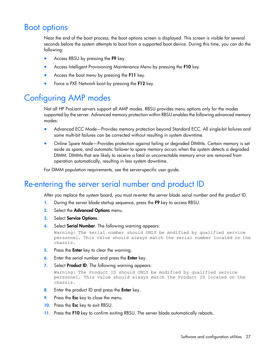 Boot options, Configuring amp modes | HP D2220sb-Storage-Blade User Manual | Page 27 / 51