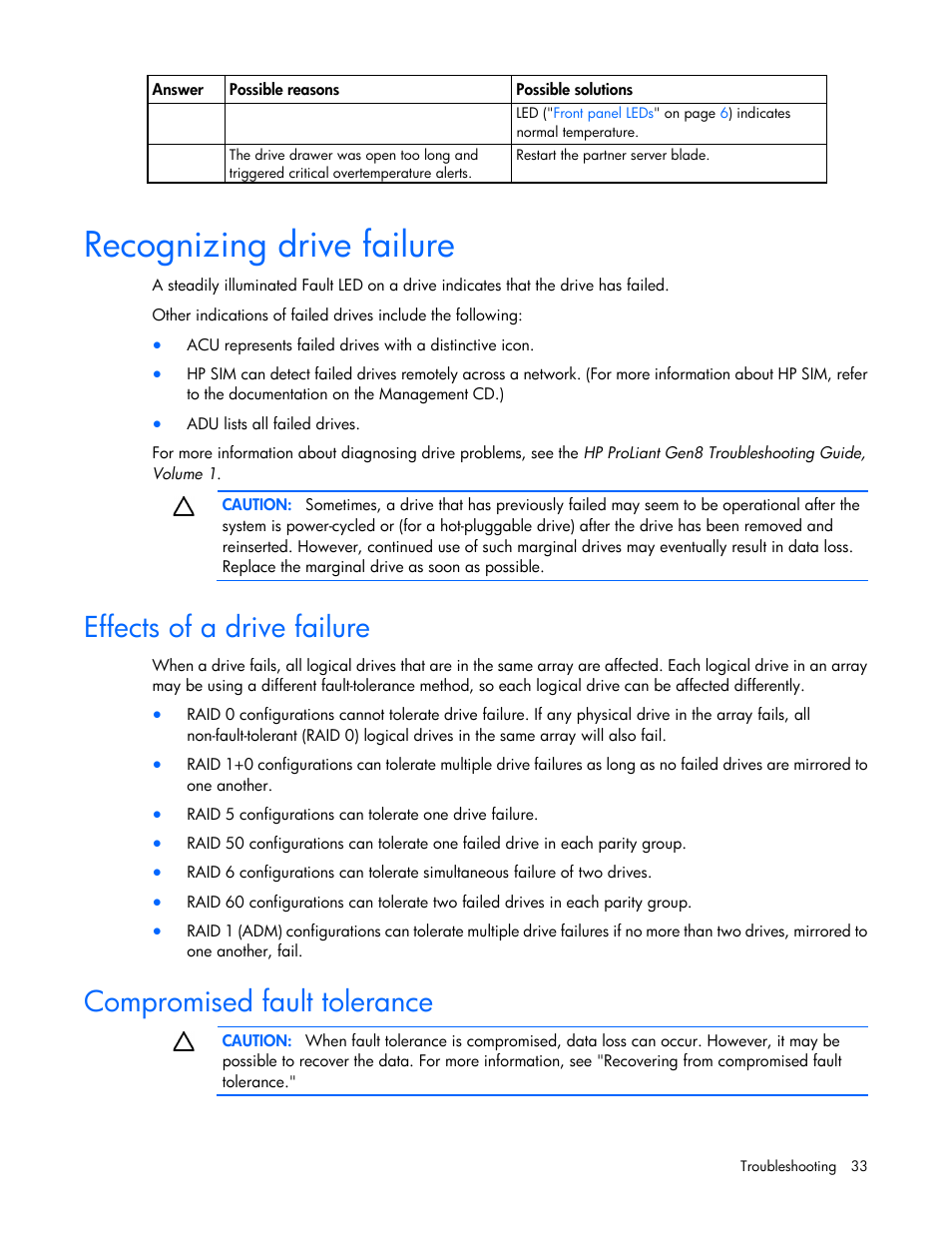 Recognizing drive failure, Effects of a drive failure, Compromised fault tolerance | HP D2220sb-Storage-Blade User Manual | Page 33 / 51