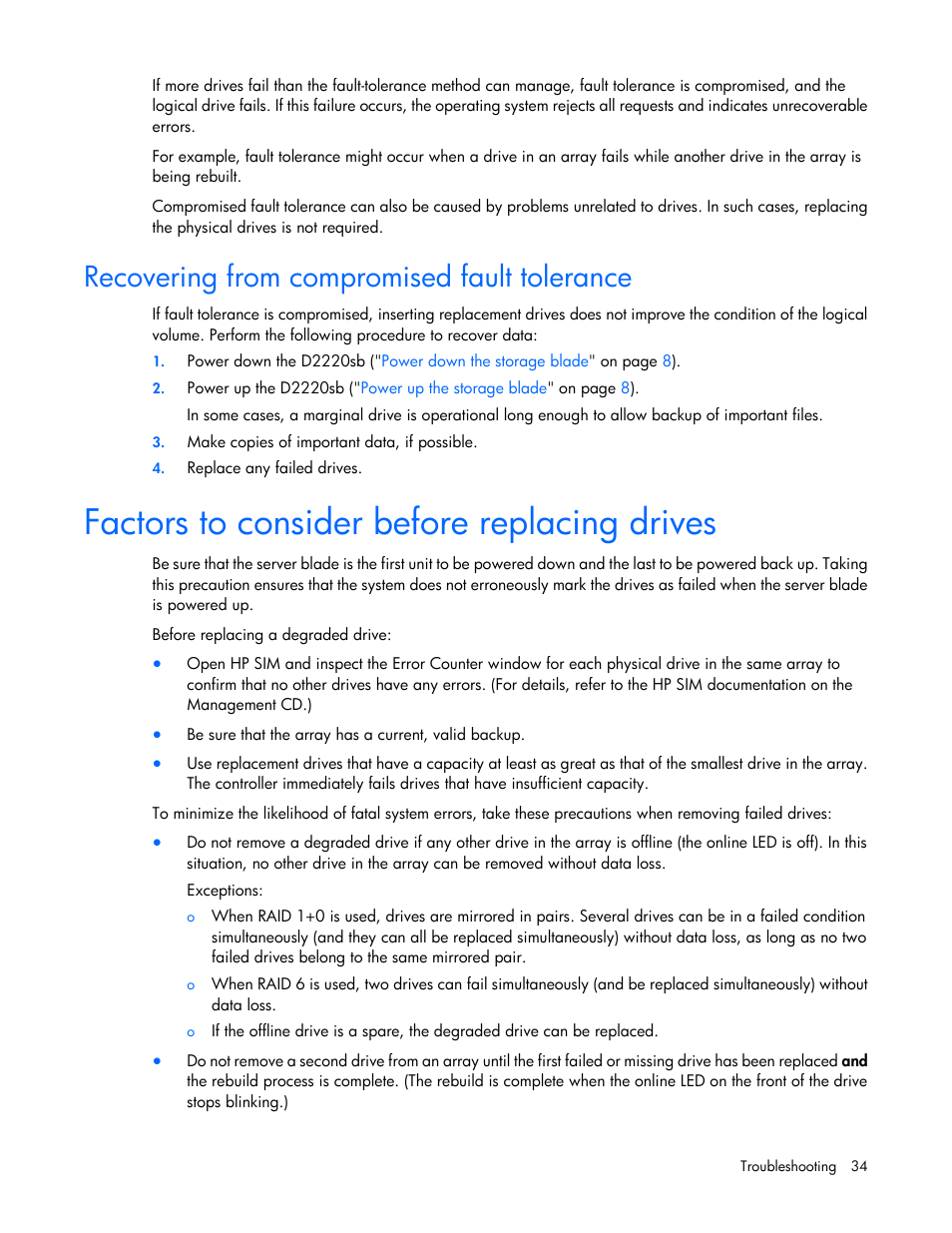 Recovering from compromised fault tolerance, Factors to consider before replacing drives | HP D2220sb-Storage-Blade User Manual | Page 34 / 51