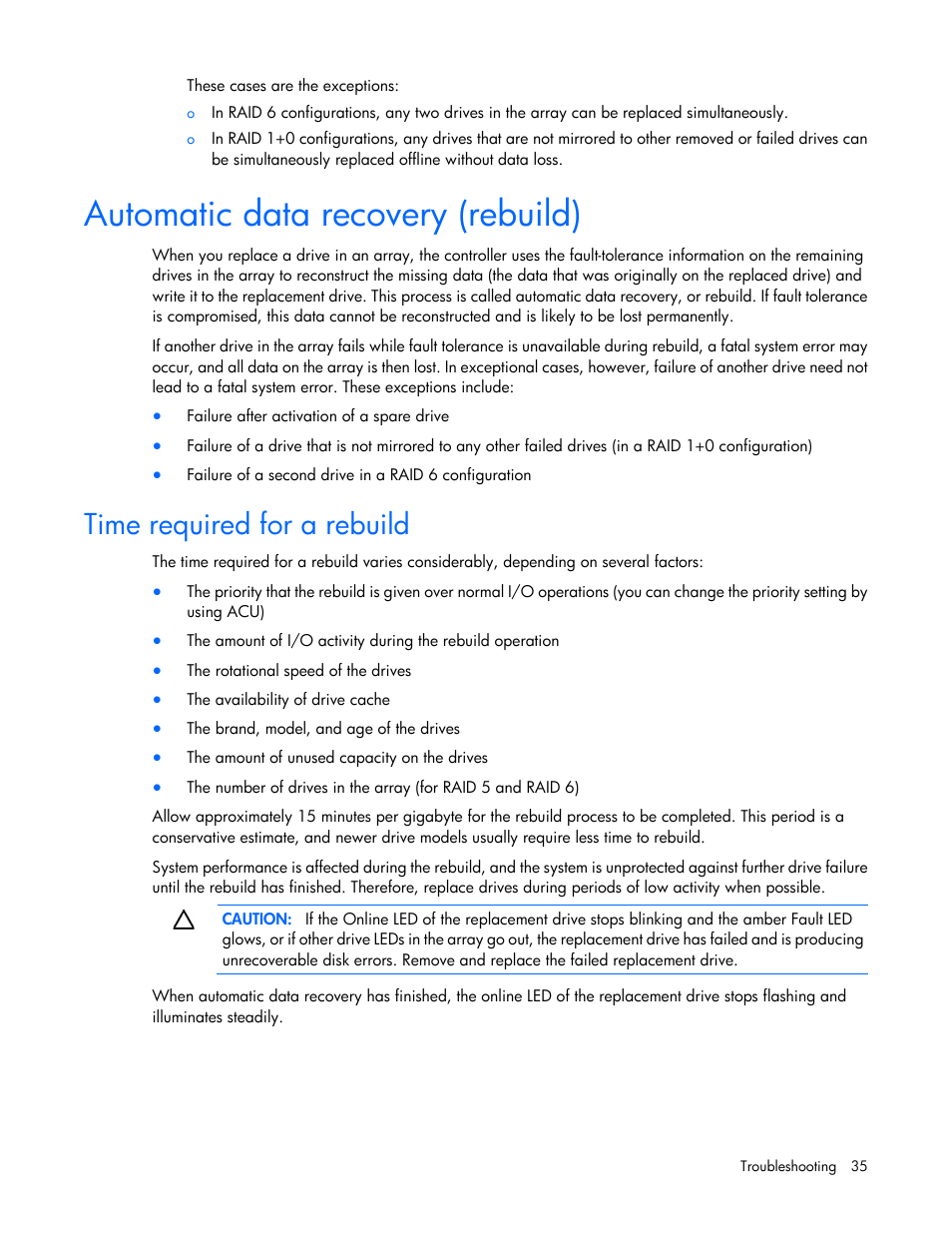 Automatic data recovery (rebuild), Time required for a rebuild | HP D2220sb-Storage-Blade User Manual | Page 35 / 51